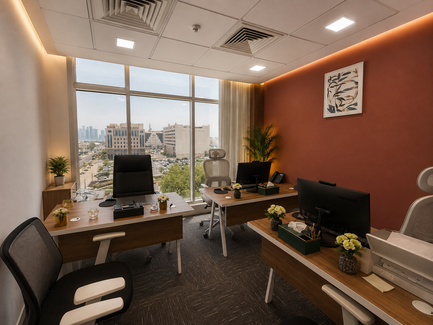 Team office with skyline view